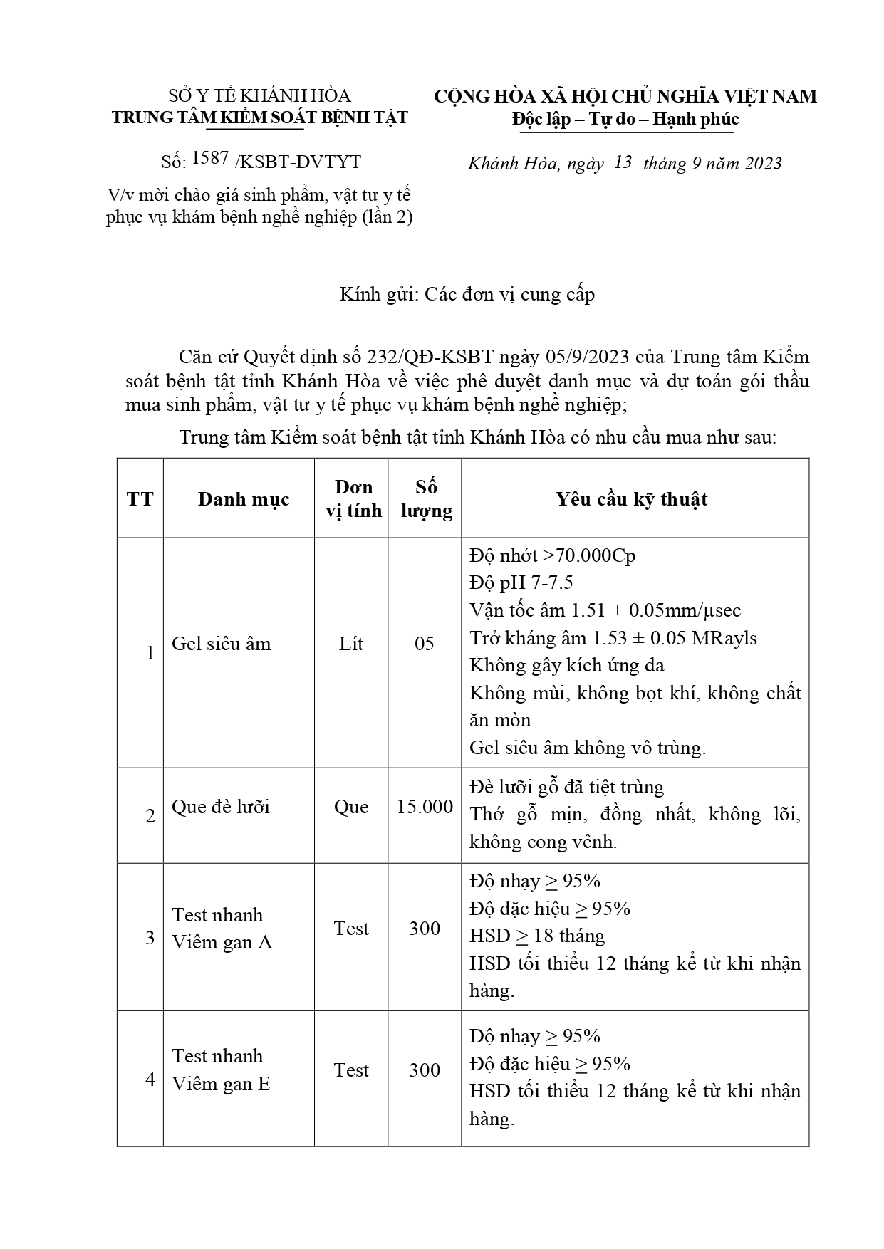 Mời chào giá sinh phẩm, vật tư y tế phục vụ khám bệnh nghề nghiệp (lần 2)